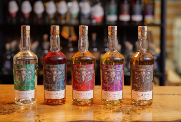 Five bottles of Wild Oxen Rum lined up on a wooden bar counter, lit by a warm pendant light. From left to right: Pure White Rum, Chocolate Rum, Spiced Rum, Maple Cask Rum, and Aged 3 Years. Each bottle features a decorative label with a bull skull illustration in a different colour — green, red, orange, purple, and dark brown respectively. Shelves of spirits are visible in the softly blurred background.