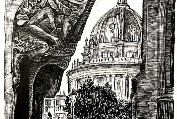 Black and white ink drawing of Oxford's Radcliffe Camera, framed by an ornate carved archway with a stone grotesque, with two figures on the street below.