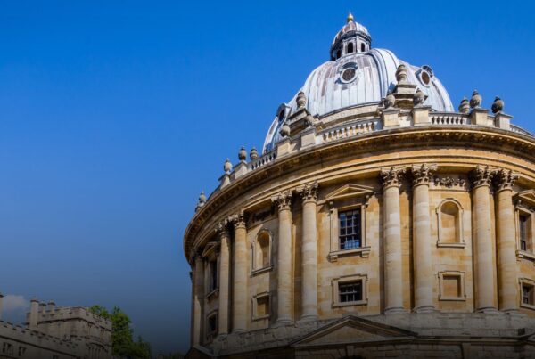 The Radcliffe Camera in Oxford under a clear blue sky on a hot summer day